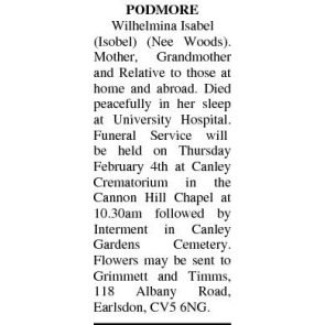 Notice Gallery for WILHELMINA ISABEL PODMORE