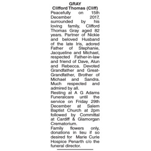 Notice Gallery for Clifford Thomas (Cliff) GRAY